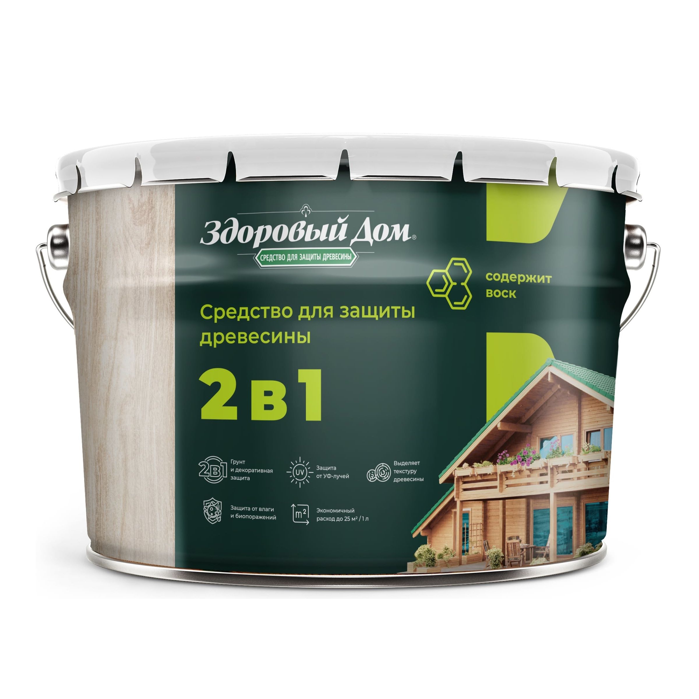 Защитно-декоративное покрытие для древесины Здоровый Дом 2 в 1 бесцветный 9 л