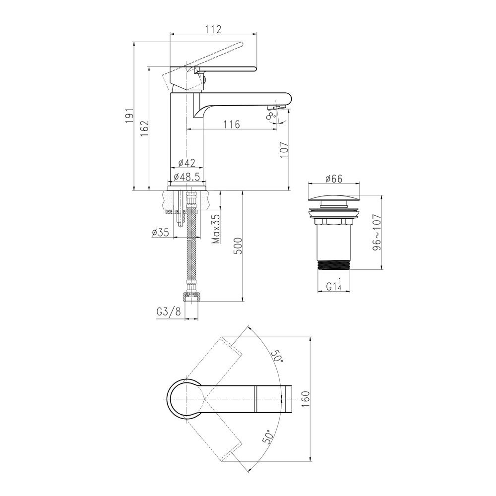 Смеситель для раковины Brasko Black однорычажный клик клак