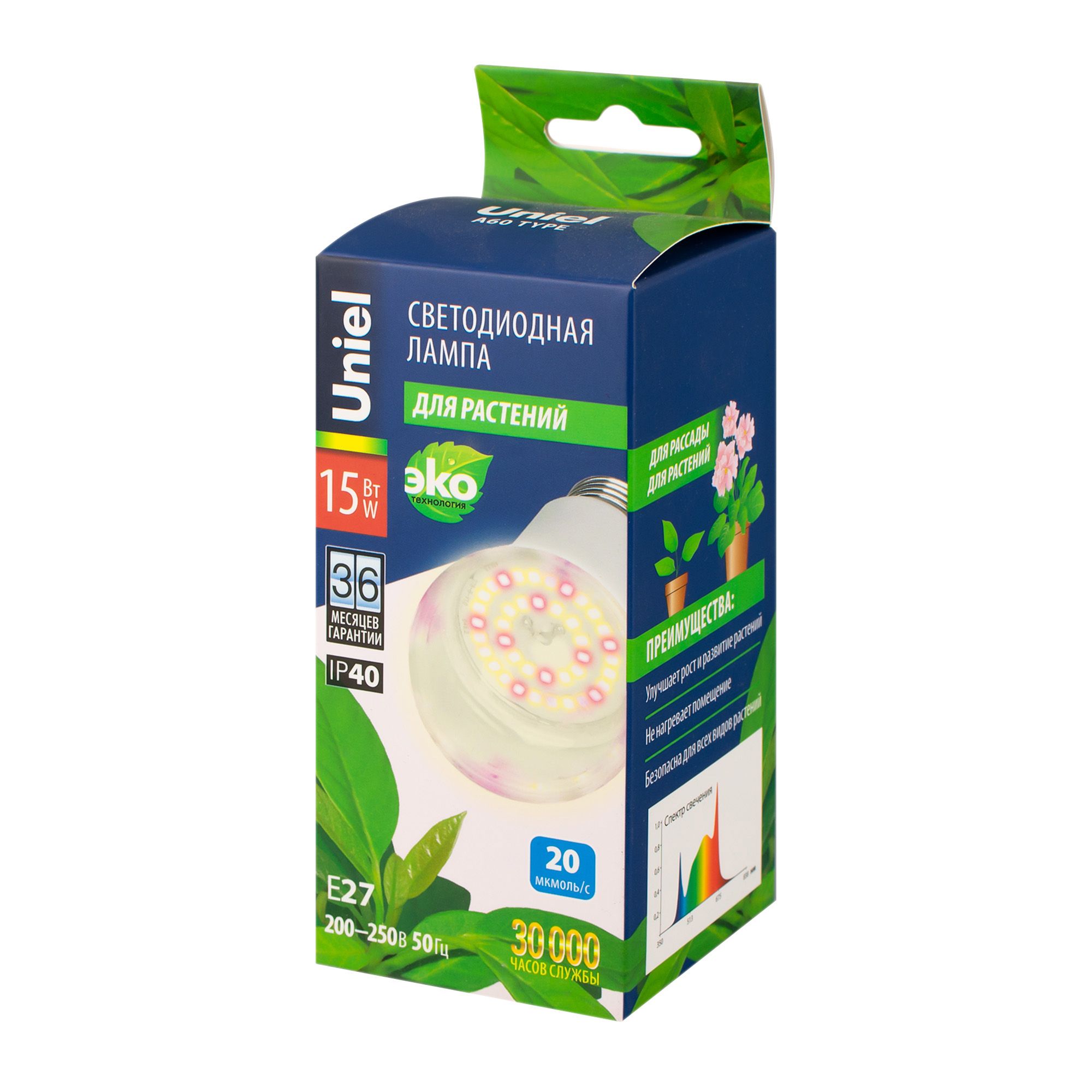Лампа светодиодная для растений Форма A прозрачная Спектр для фотосинтеза Картон LED-A60-15W/SPFB/E27/CL PLP30WH