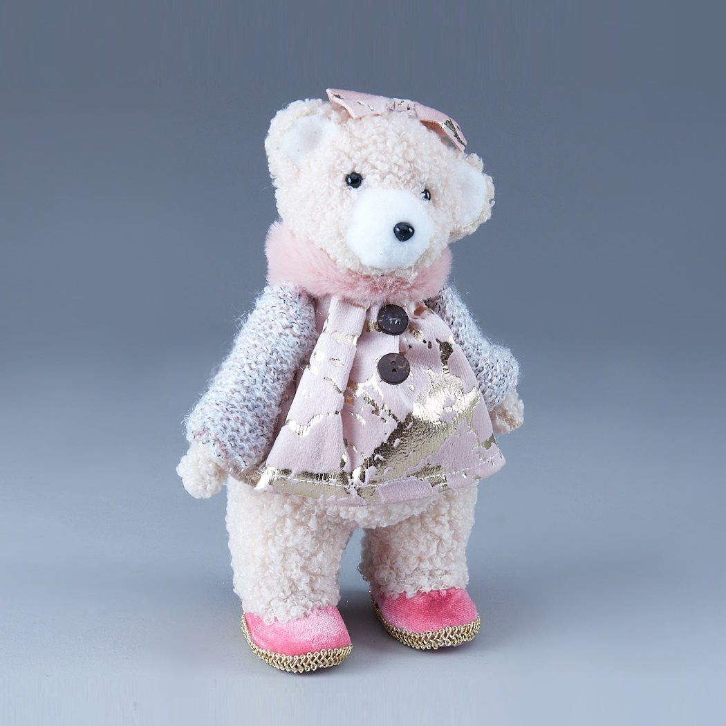 Фигура декоративная Мишка кокетка с бантиком 15х10х20 см розовый/золото