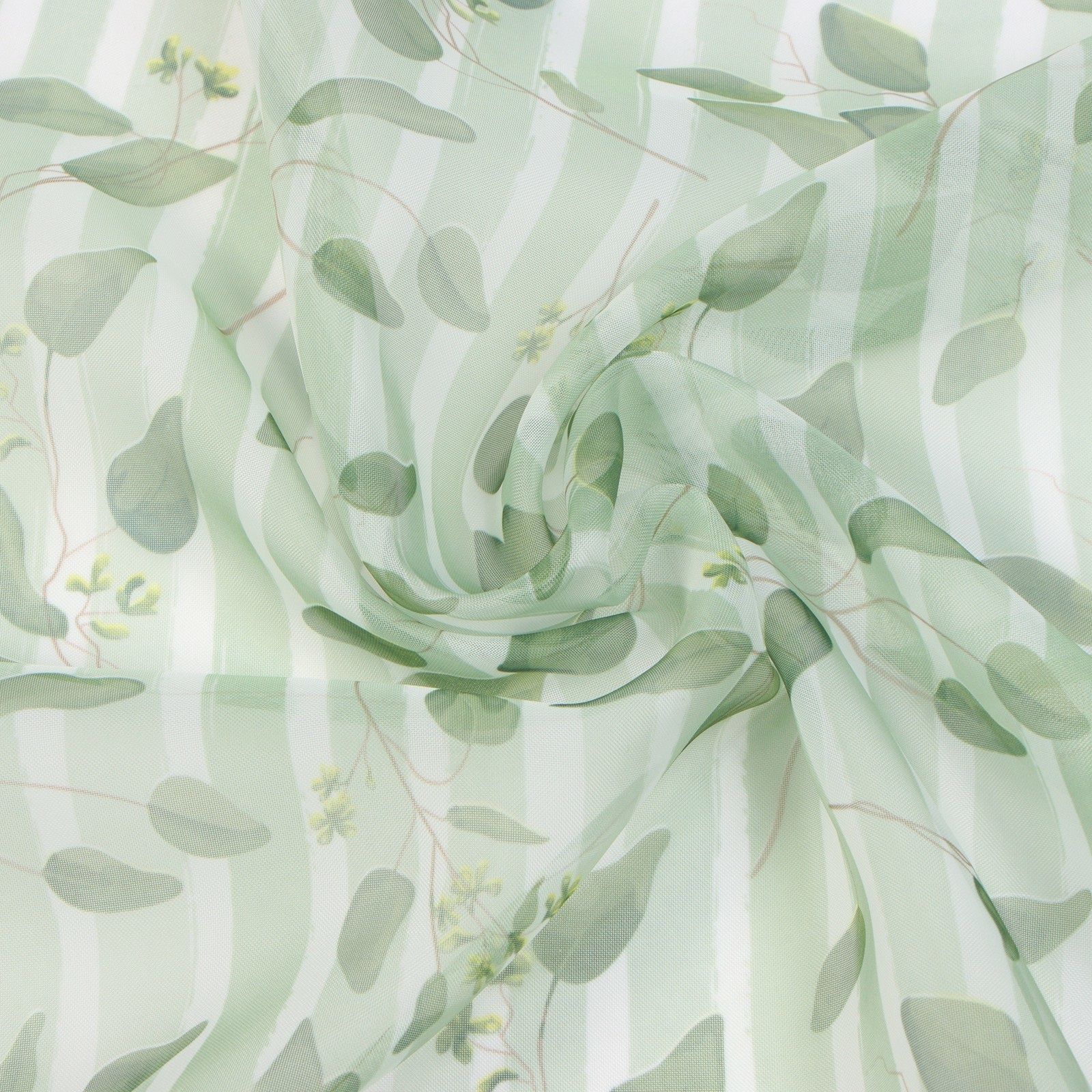 Штора для кухни тюль Лист с полоской 140х180 см зеленый с лентой