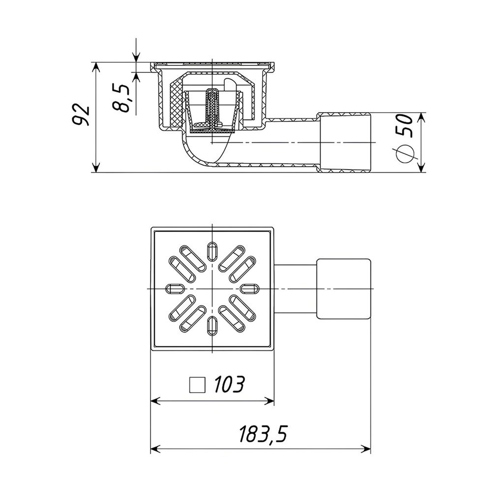 Трап гориз спуск 50 мм решетка 100х100 мм нерж