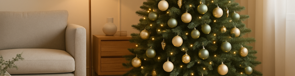 Интерьерная ёлка с матовыми игрушками в едином стиле для оформления квартиры к Новому году