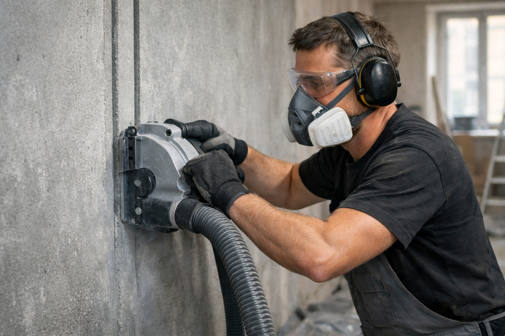 Бетонная стена с разметкой под проводку: ровные вертикальные и горизонтальные линии, лазерный нивелир, строительный уровень и рулетка на полу, подготовка к штроблению стен в квартире.