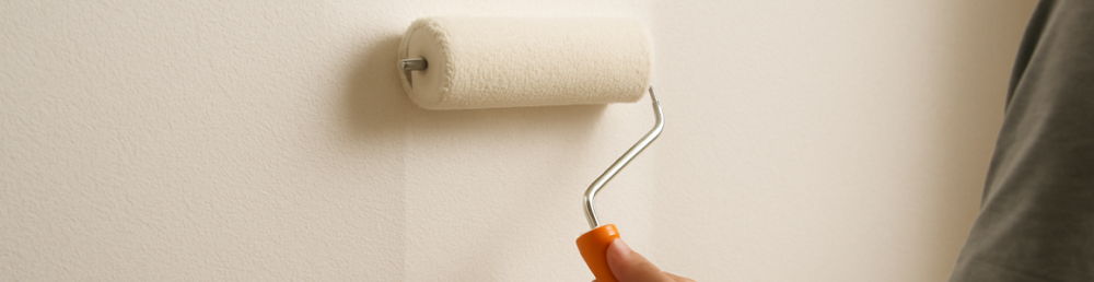 Человек красит плотные обои под покраску валиком, видно фактуру рельефного полотна.