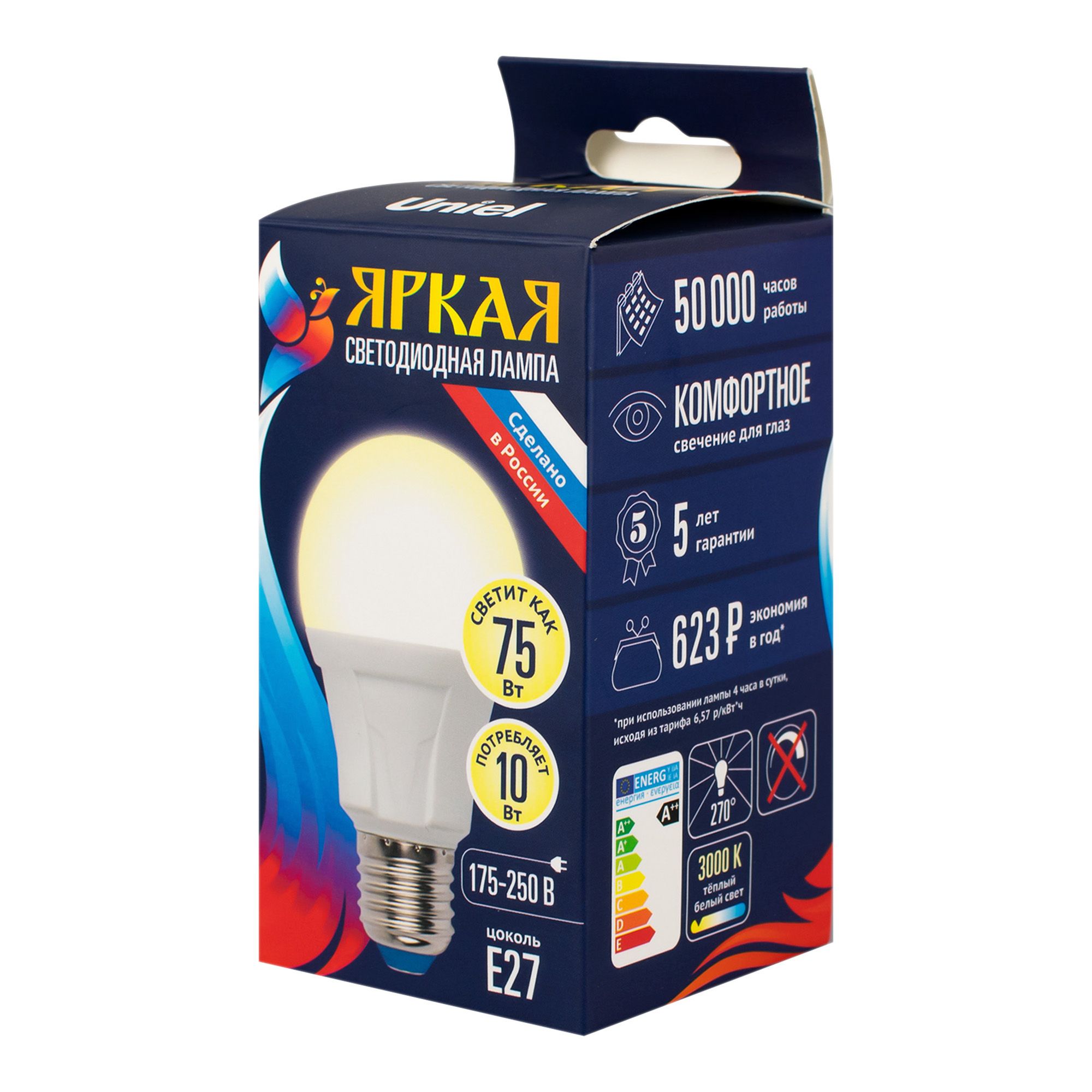 Лампа светодиодная теп.свет.Е27 10 Вт LED-A60 10W/WW/E27/FR PLP01WH Uniel