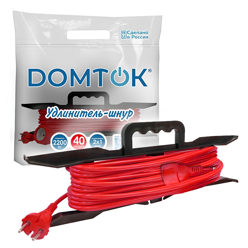 Удлинитель силовой на рамке Domtok Пвс 2х1 1 гнездо 40 м 10 A IP44 б/з красный