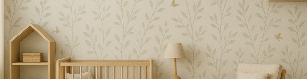 Детская комната с экологичными обоями с природным мотивом, тёплая палитра, деревянная мебель и текстиль из натуральных материалов.