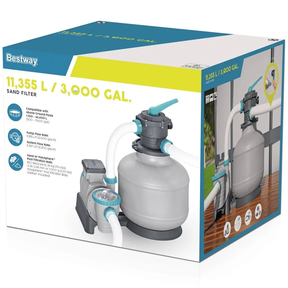 Фильтр-насос песчаный 11355 л/ч Bestway 58486 (резервуар 36 кг, фракция 0,45-0,85 мм)