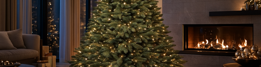 Пушистая искусственная ёлка с высокой плотностью веток в тёплом домашнем интерьере для новогоднего оформления