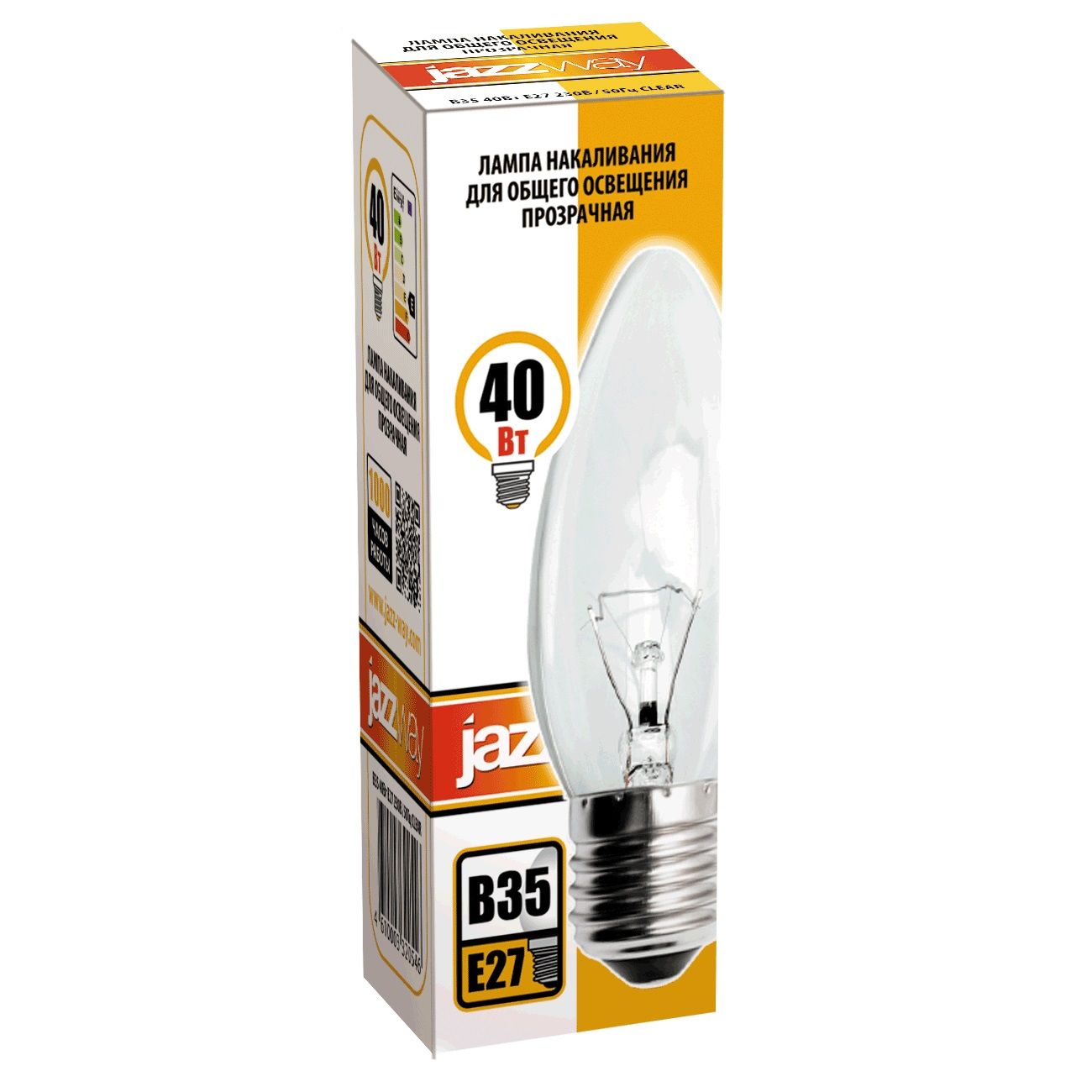 ЛАМПА накаливания свеча прозр Е27 240V 40 Вт 380Лм Jazzway