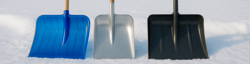 Снеговые лопаты — поликарбонатная, алюминиевая и стальная — стоят на снегу для наглядного сравнения материалов