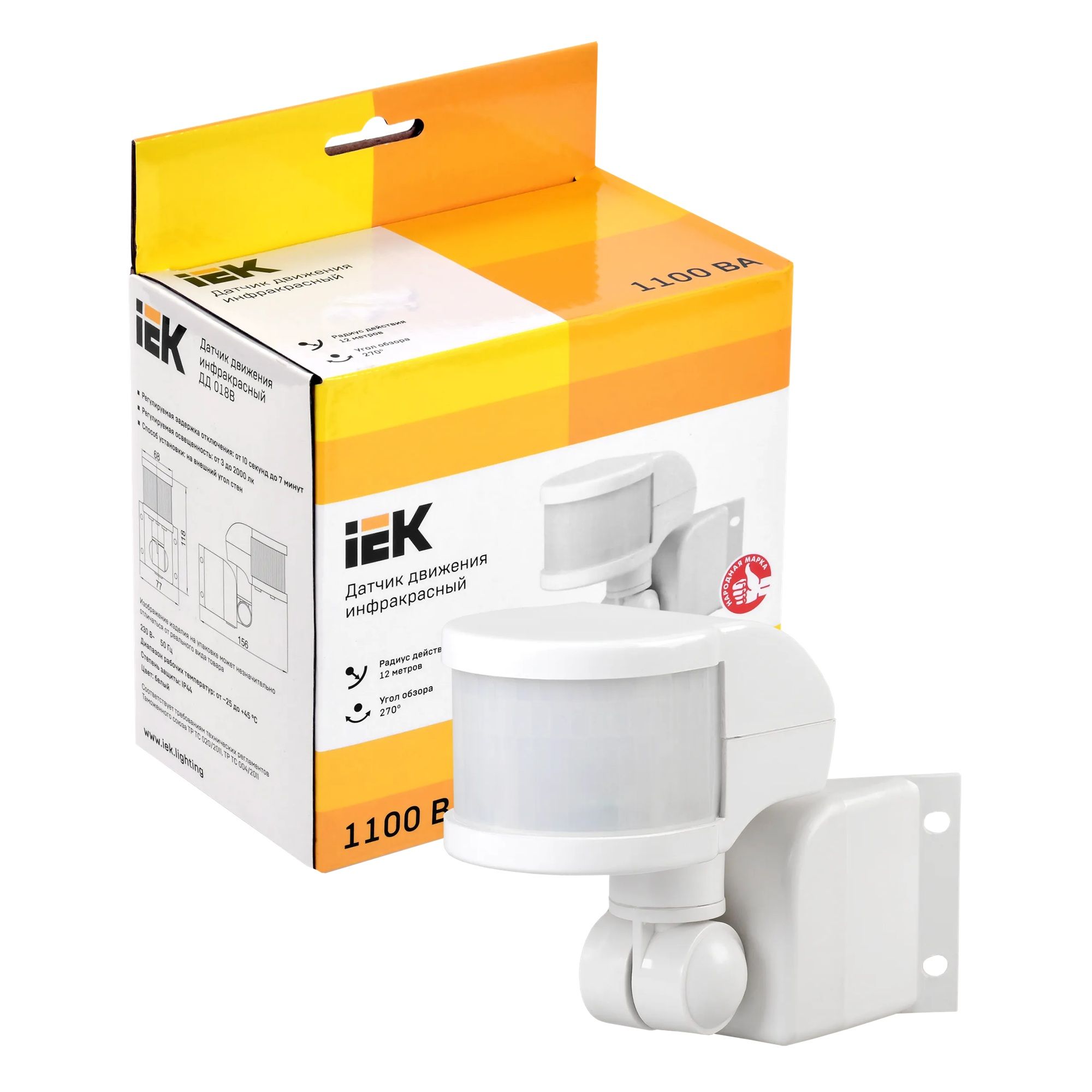 Датчик движения ДД 018 1100Вт угол обз. 270град. 2 полюс. дальн. 12м IP44 бел. ИЭК LDD10-018B-1100