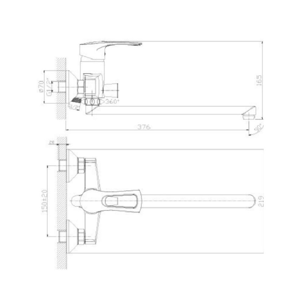 Смеситель для ванны Rossinka T40-32 однорычажный длинный плоский излив 350 мм