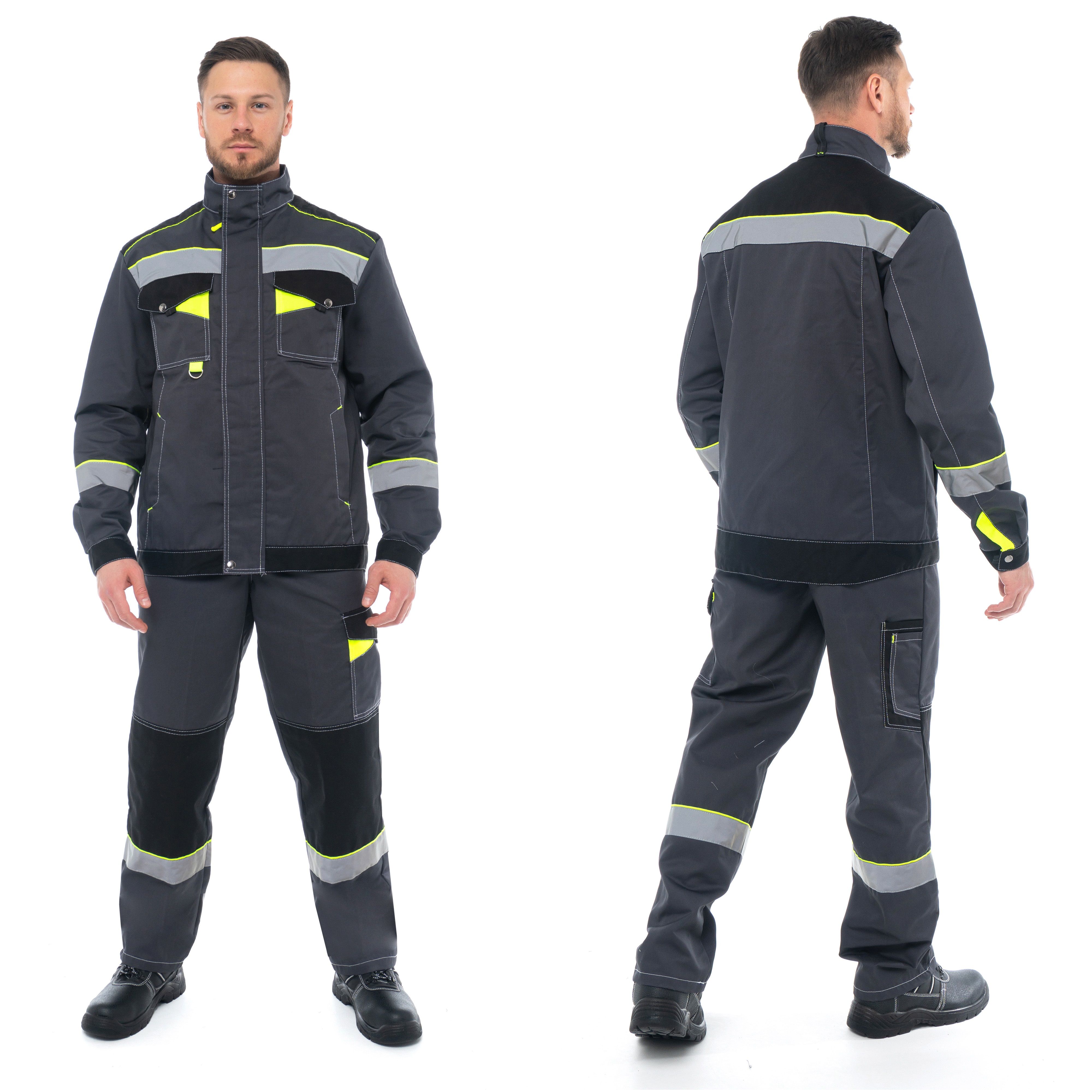 Костюм Корвет куртка, п/комб темно-серый с черным и лимонным СОП р.120-124/182-188