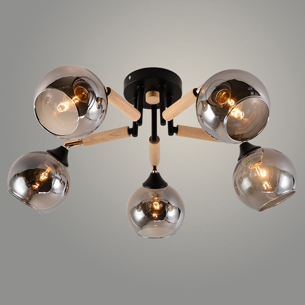 Люстра потолочная XA1570B/5 BK+FGD+WOOD 5х60Вт E27 d62 см h25 см черный/золото/дерево