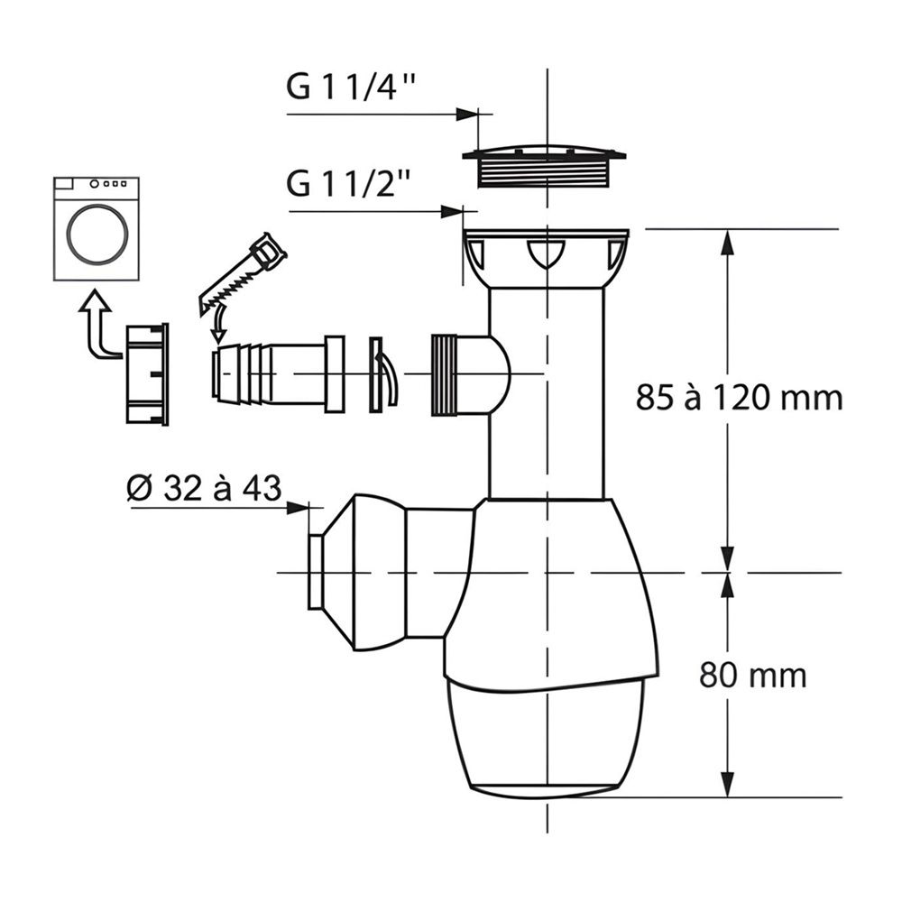 Сифон универсальный с отводом для стиральной машины Wirquin 31190002