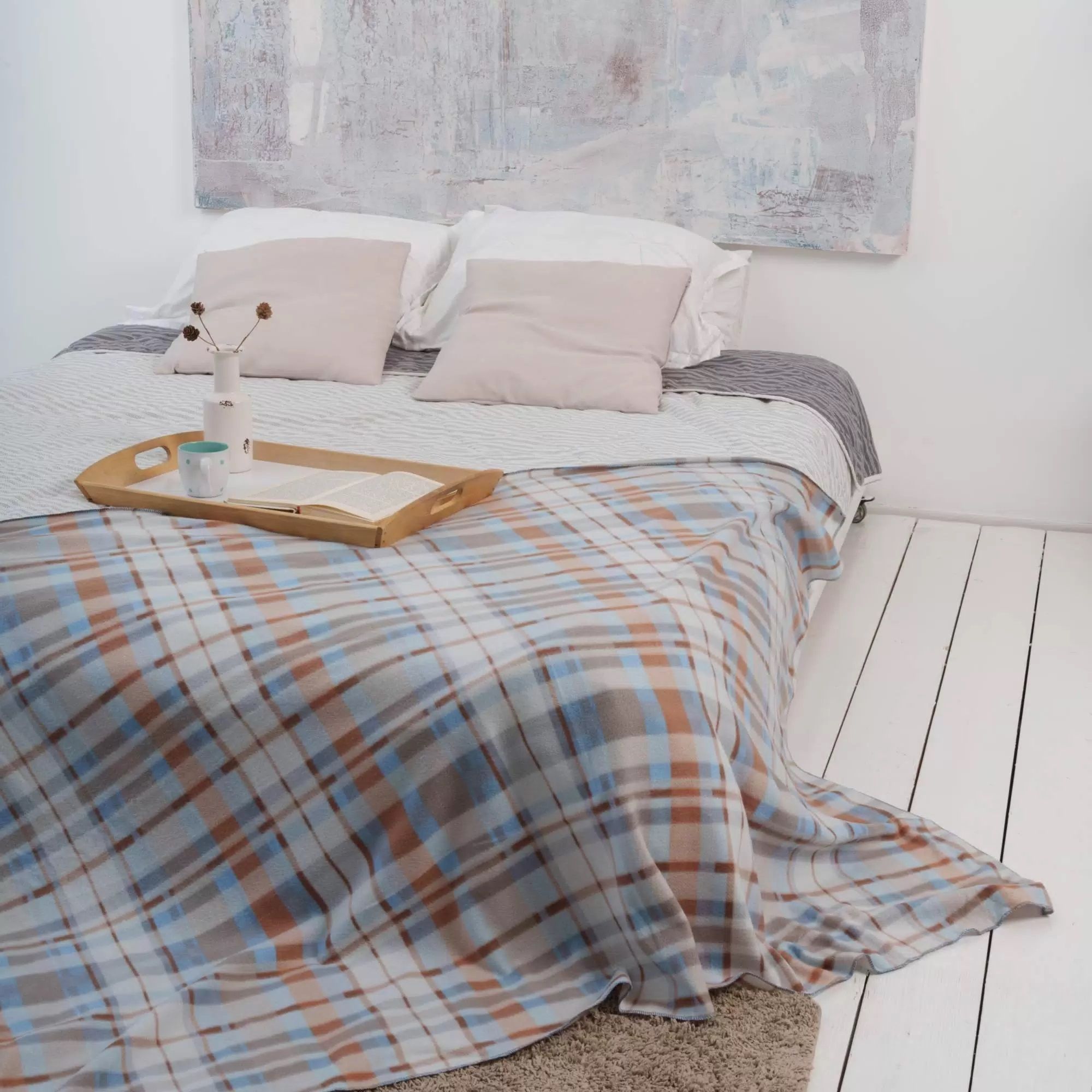 Плед флисовый London Голубая клетка 130x170 см бежево-голубой