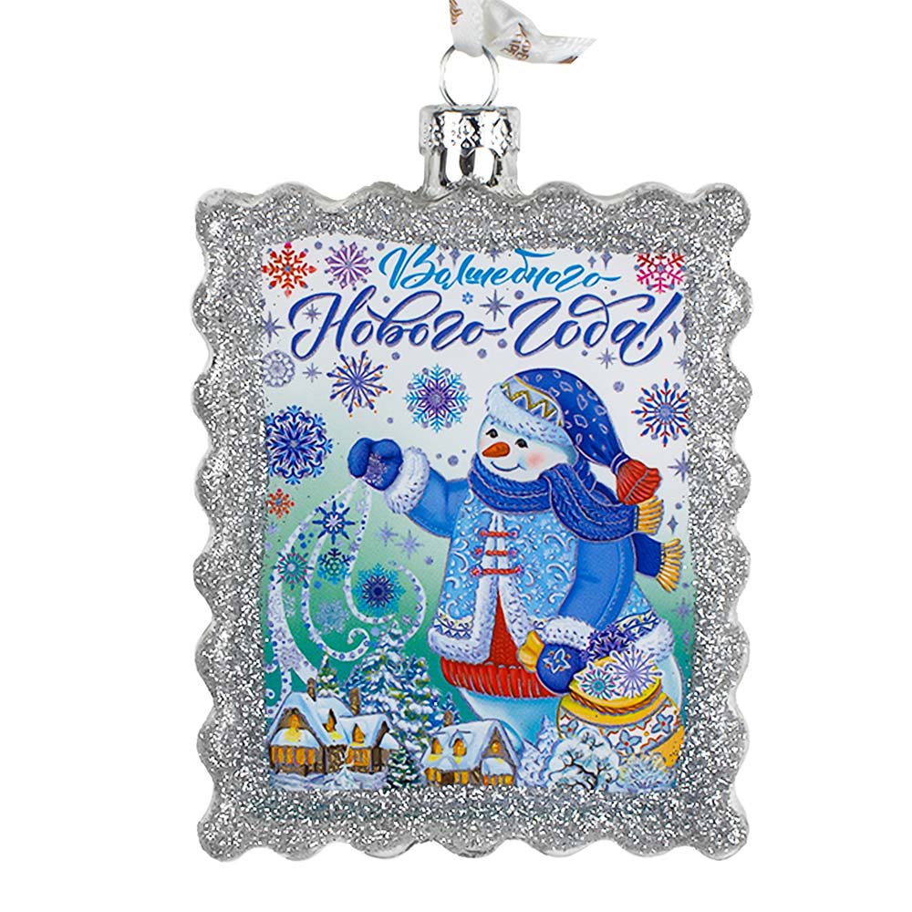 Украшение подвесное новогоднее Снеговик на Марке из стекла 2x6,8x9,3 см