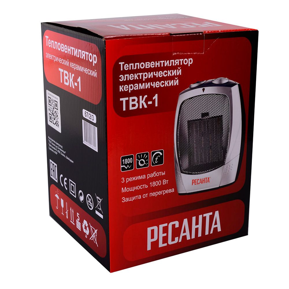 Тепловентилятор ТВК-1 Ресанта 1,5кВт защ.от перегр., S обогр-15кв.м.