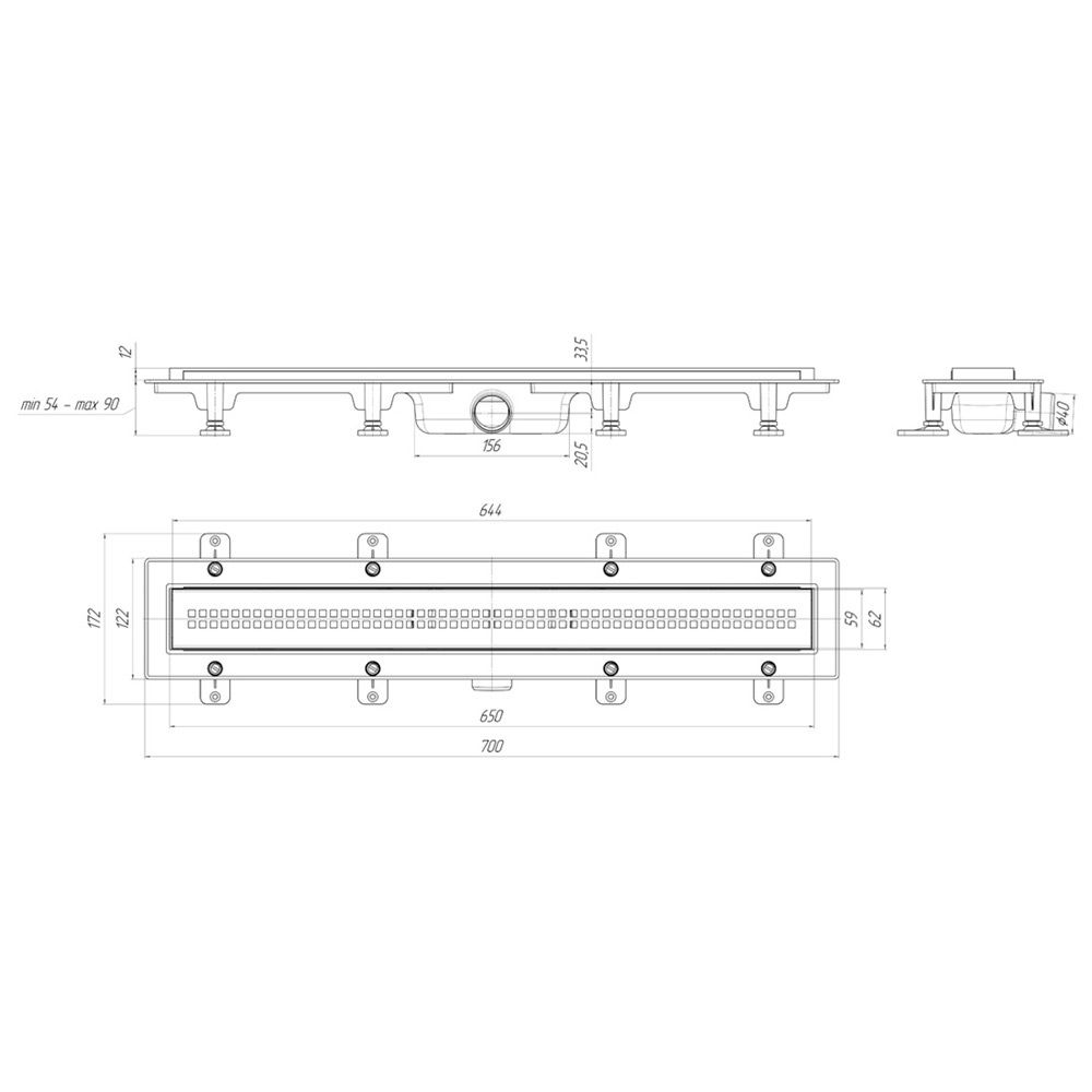 Трап линейный гориз спуск 40 мм 650х62 мм нерж Риф АНИпласт TL1265G