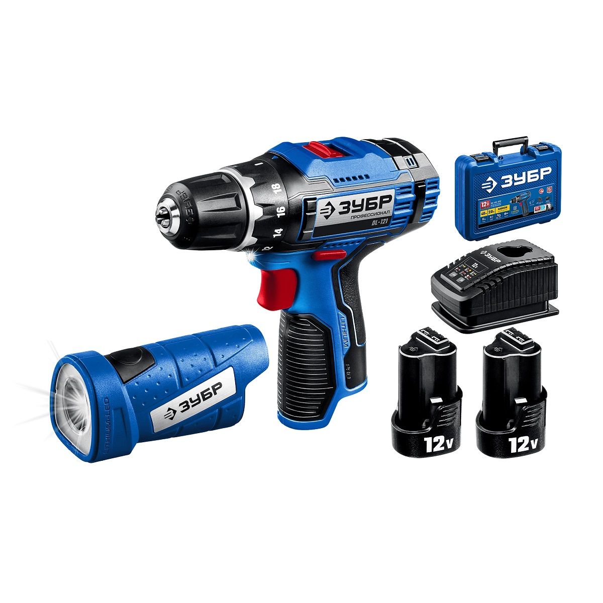 Дрель-шуруповерт аккумуляторная Зубр DL-121-22F Профессионал 12В 2х2Ач 40 Нм + LED фонарь
