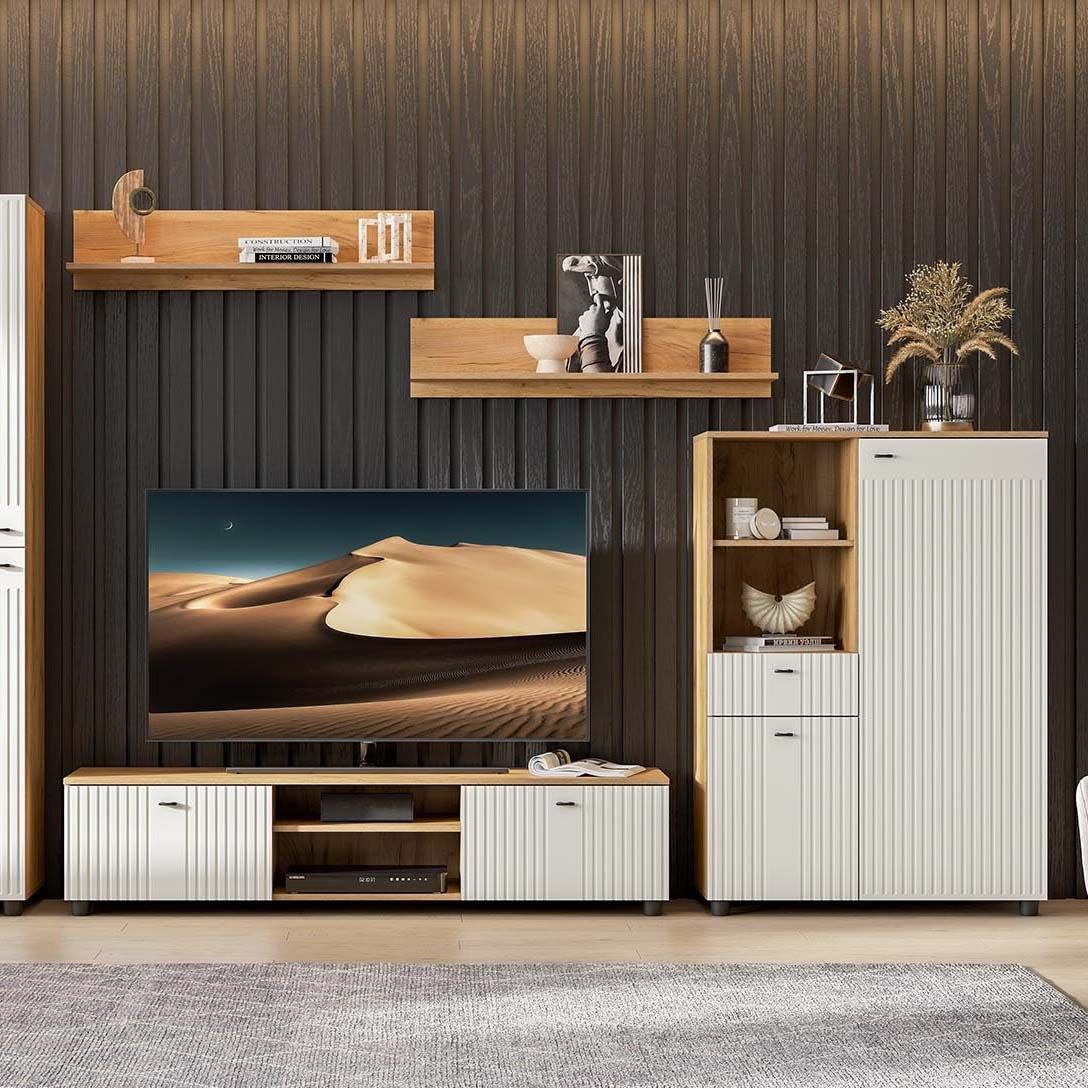 Тумба для телевидеоаппаратуры Милан 1601х368х418 мм со створками Дуб Золотой/Белый матовый