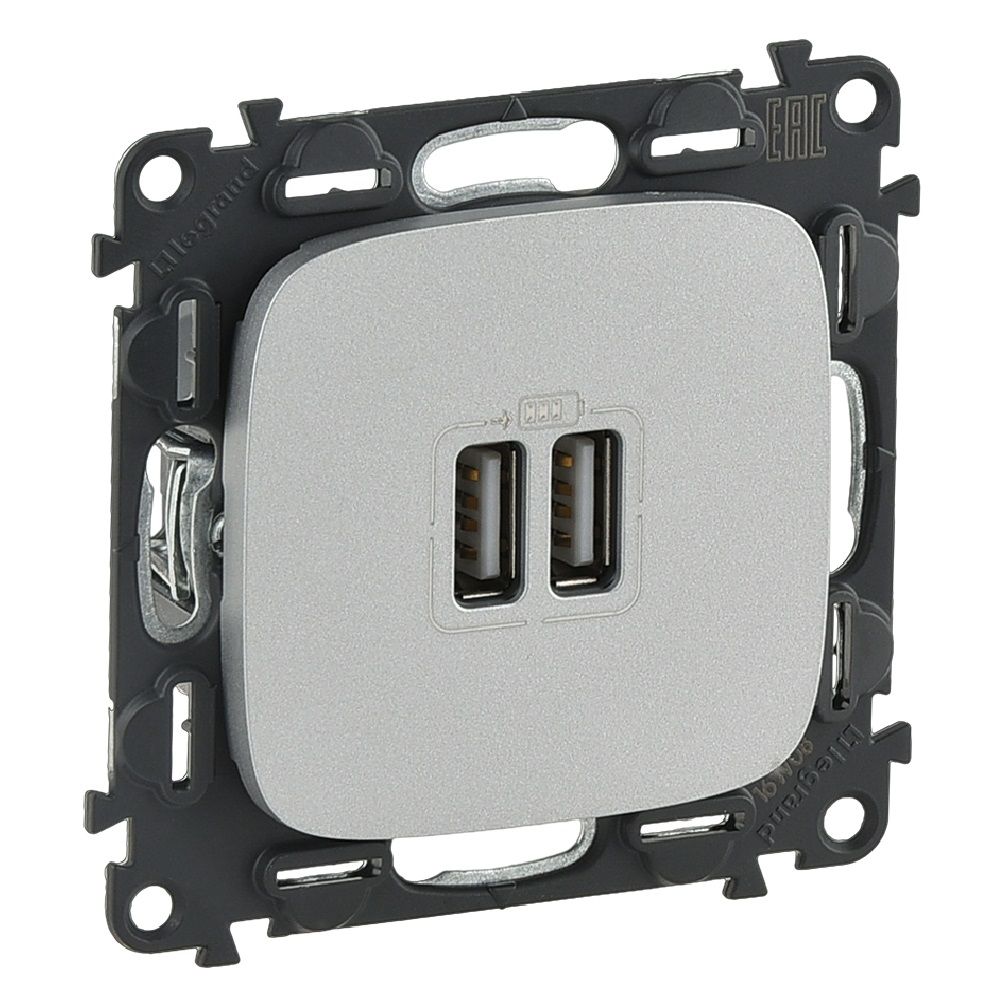 Устройство зарядное Valena Allure с двумя USB-разьемами 240В/5В 1500мА с лицевой панелью алюм. Leg 754997