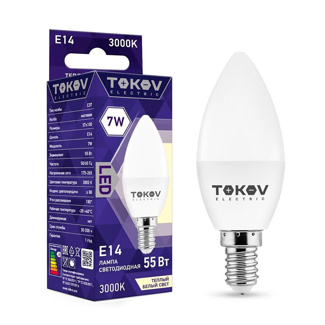 Лампа светодиодная 7Вт С37 3000К Е14 176-264В Tokov Electric TKE-C37-E14-7-3K 1660396