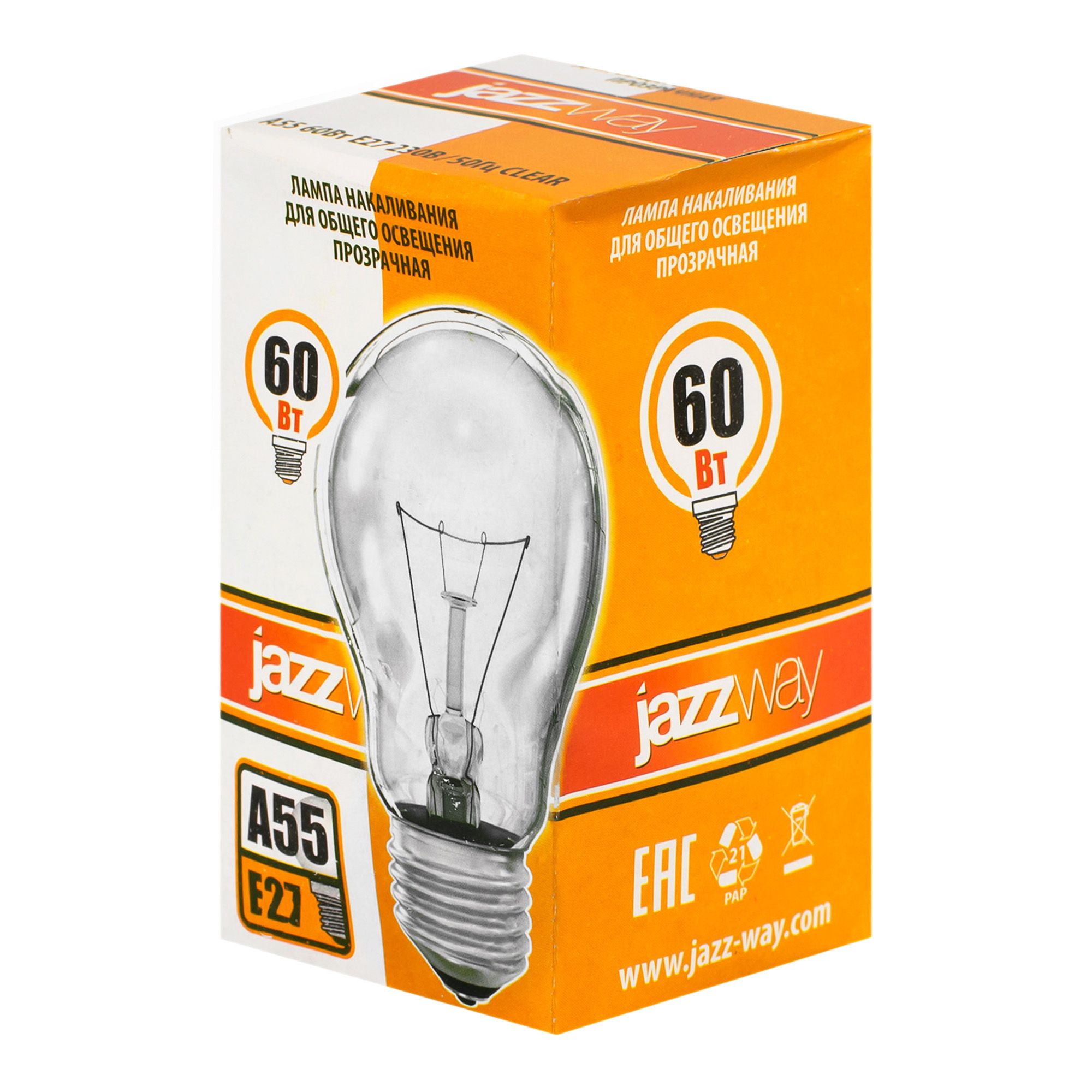 ЛАМПА накаливания A55  240V  60 Вт 710Лм E27 прозJazzway  (Б 230-60-5)