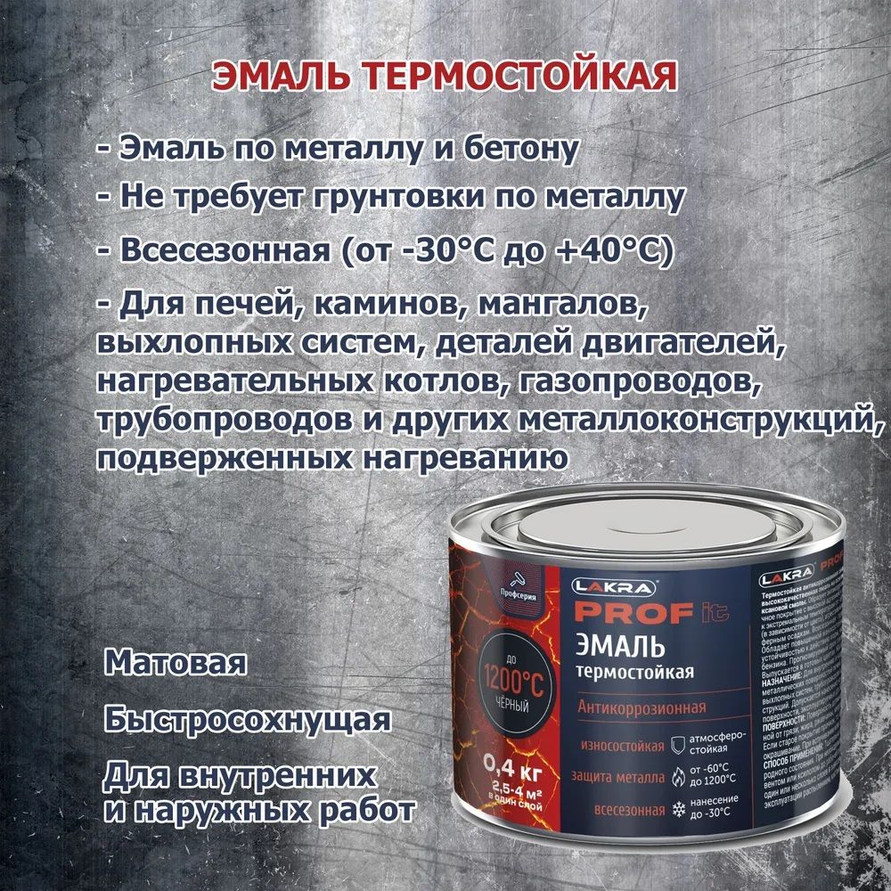 Эмаль термостойкая антикоррозионная Лакра Prof It до 1200°С чёрная 0,4 кг