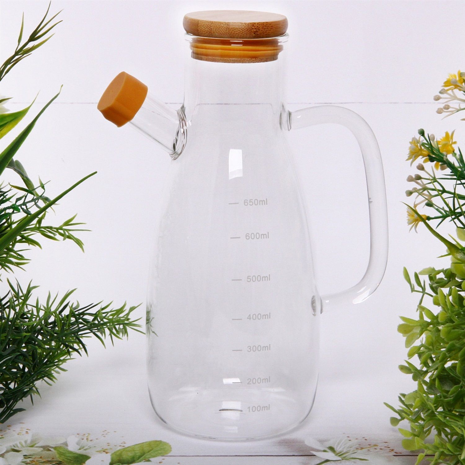 Бутылка для специй стеклянная Хай-Тек с бамбуковой крышкой 650 мл 359-0238