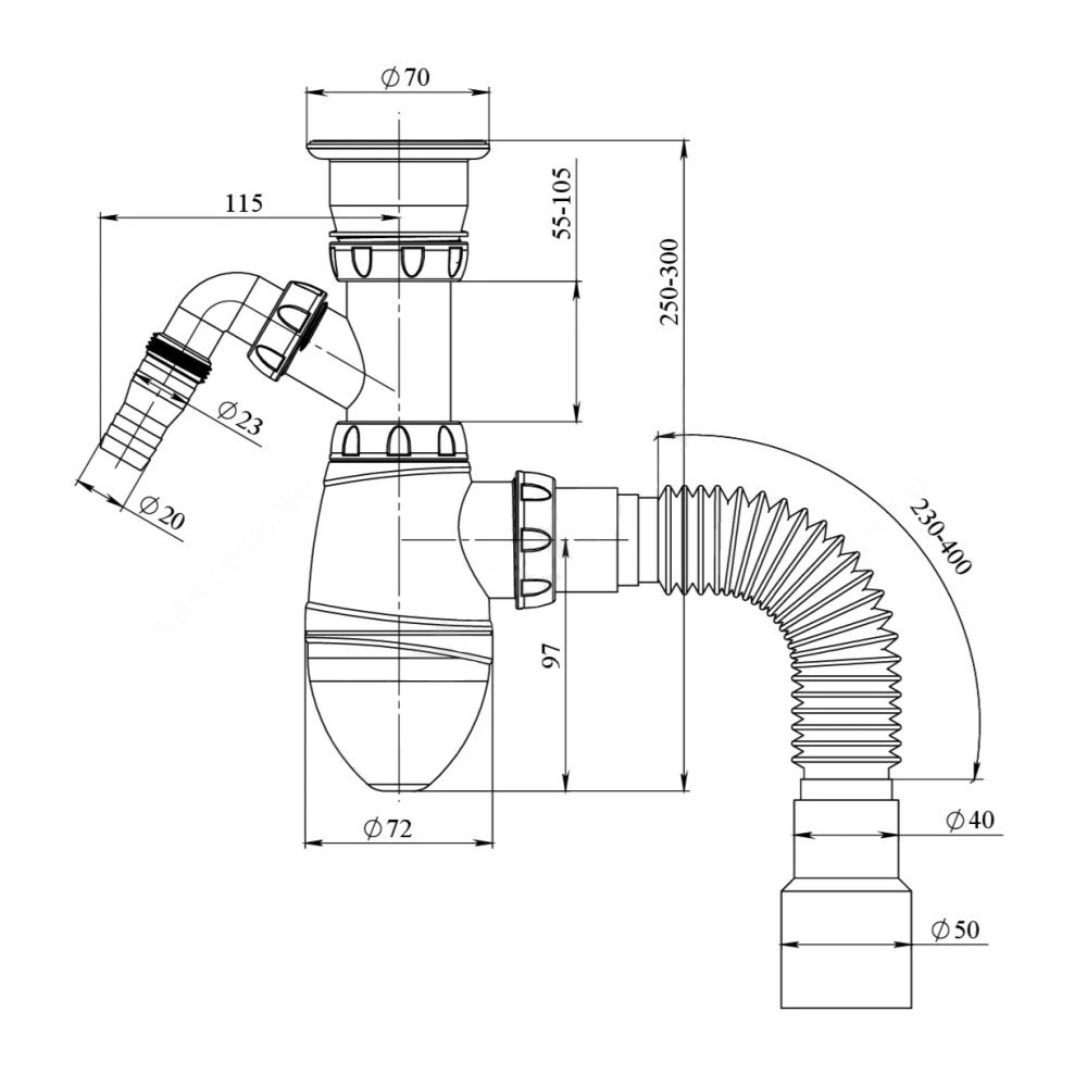 Сифон для раковины 1 1/2"х40 с отводом для стиральной машины и гофротрубой Unicorn В320V