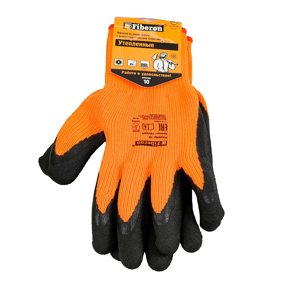 Перчатки акриловые утепленные со вспененным латексным покрытием р.10(XL) оранжево-черные Fiberon