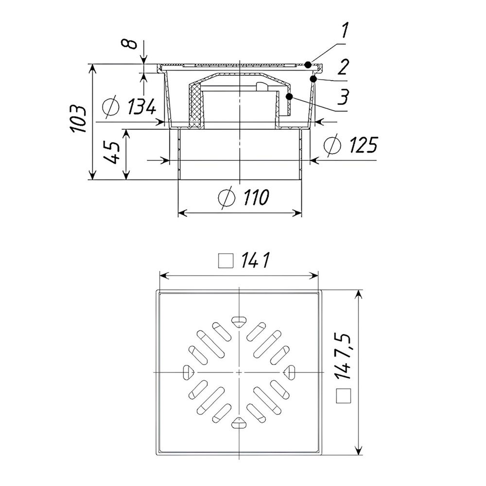 Трап вертик спуск 110 мм решетка 150х150 мм нерж
