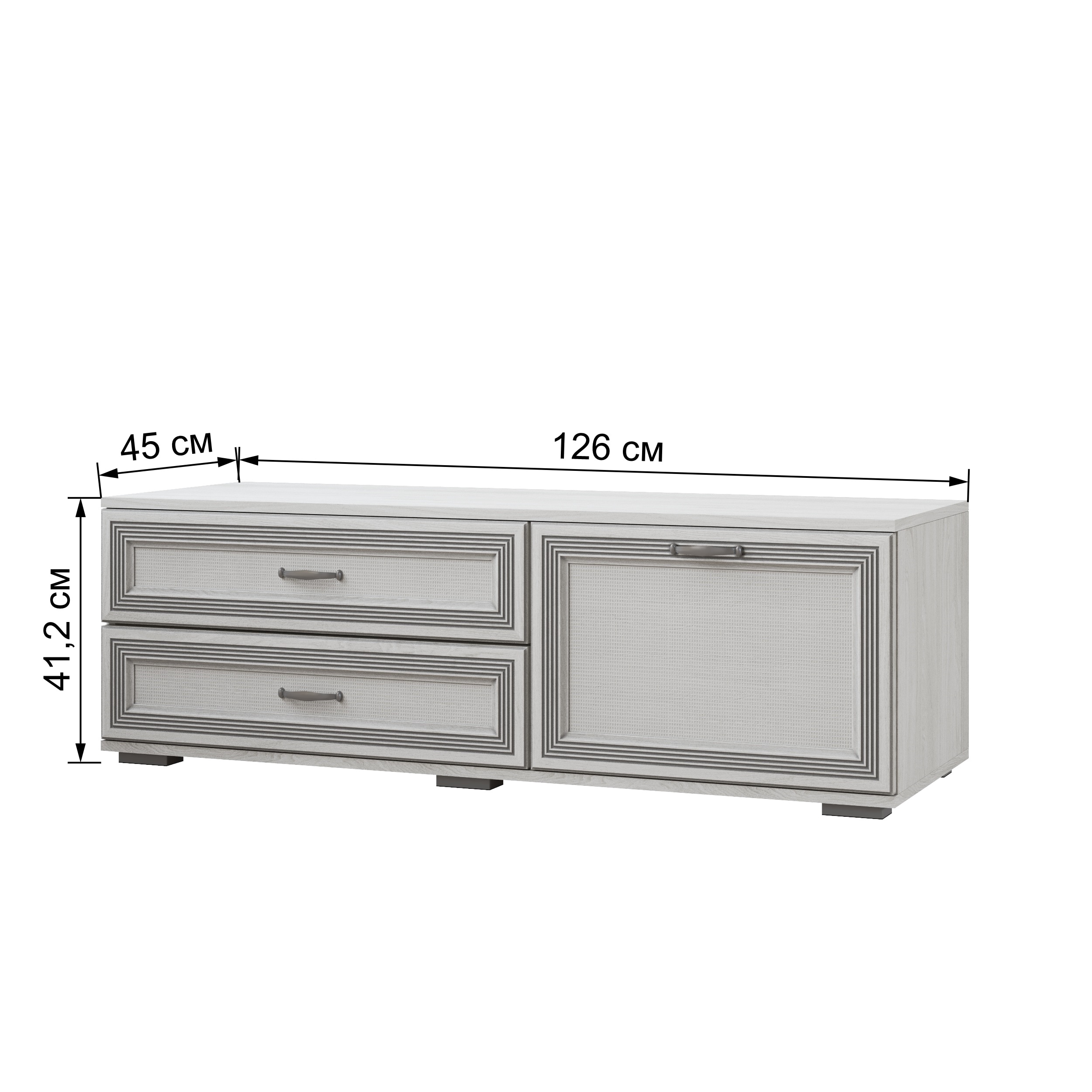 Тумба для телевидеоаппаратуры Ливорно 1260х412х450 мм Ясень анкор светлый патина серебро