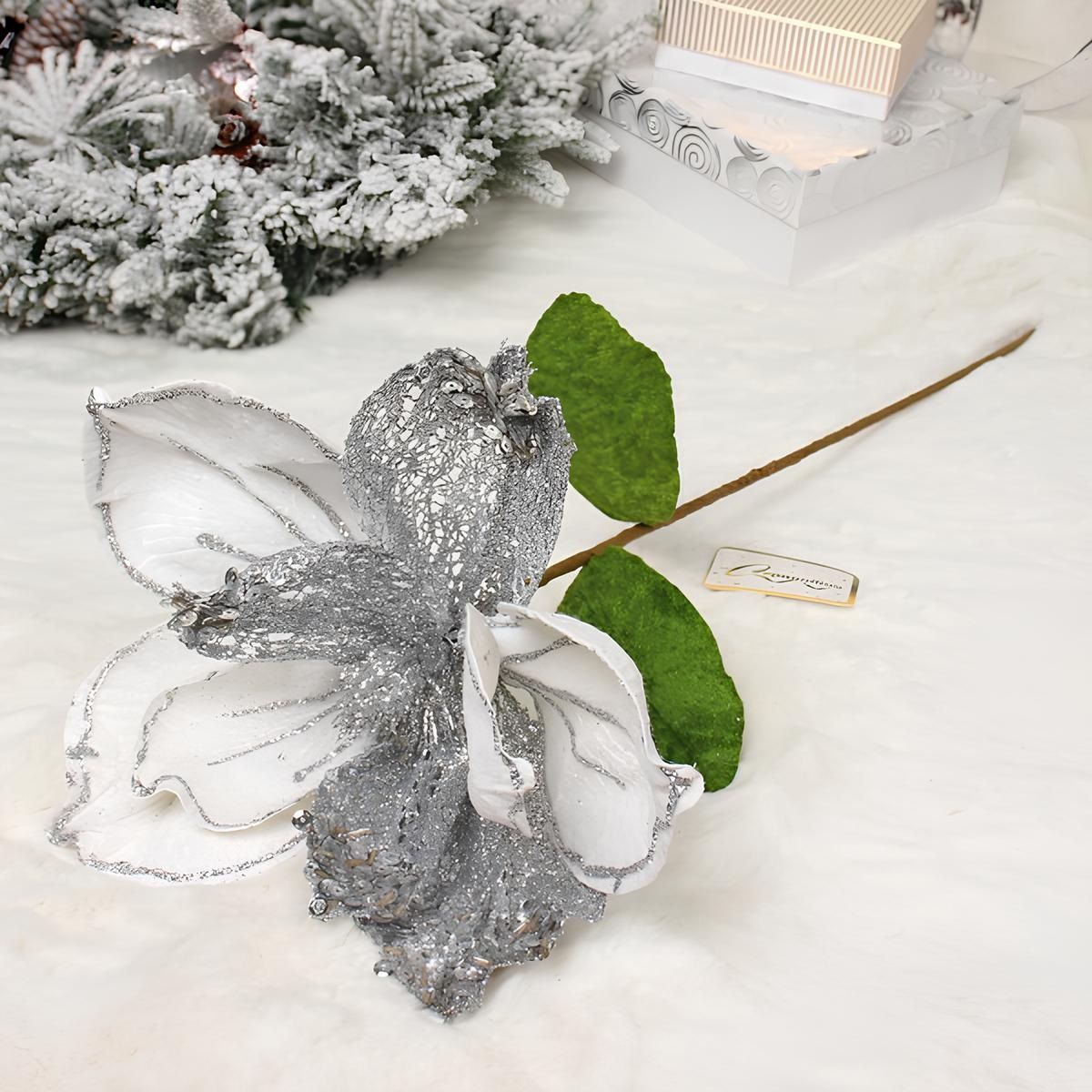 Украшение новогоднее Пуансеттия-Рожедественская красавица 23 см белый/серебро 196-0942