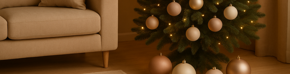 Матовая новогодняя ёлка с пастельными игрушками и мягким тёплым светом в уютном домашнем интерьере