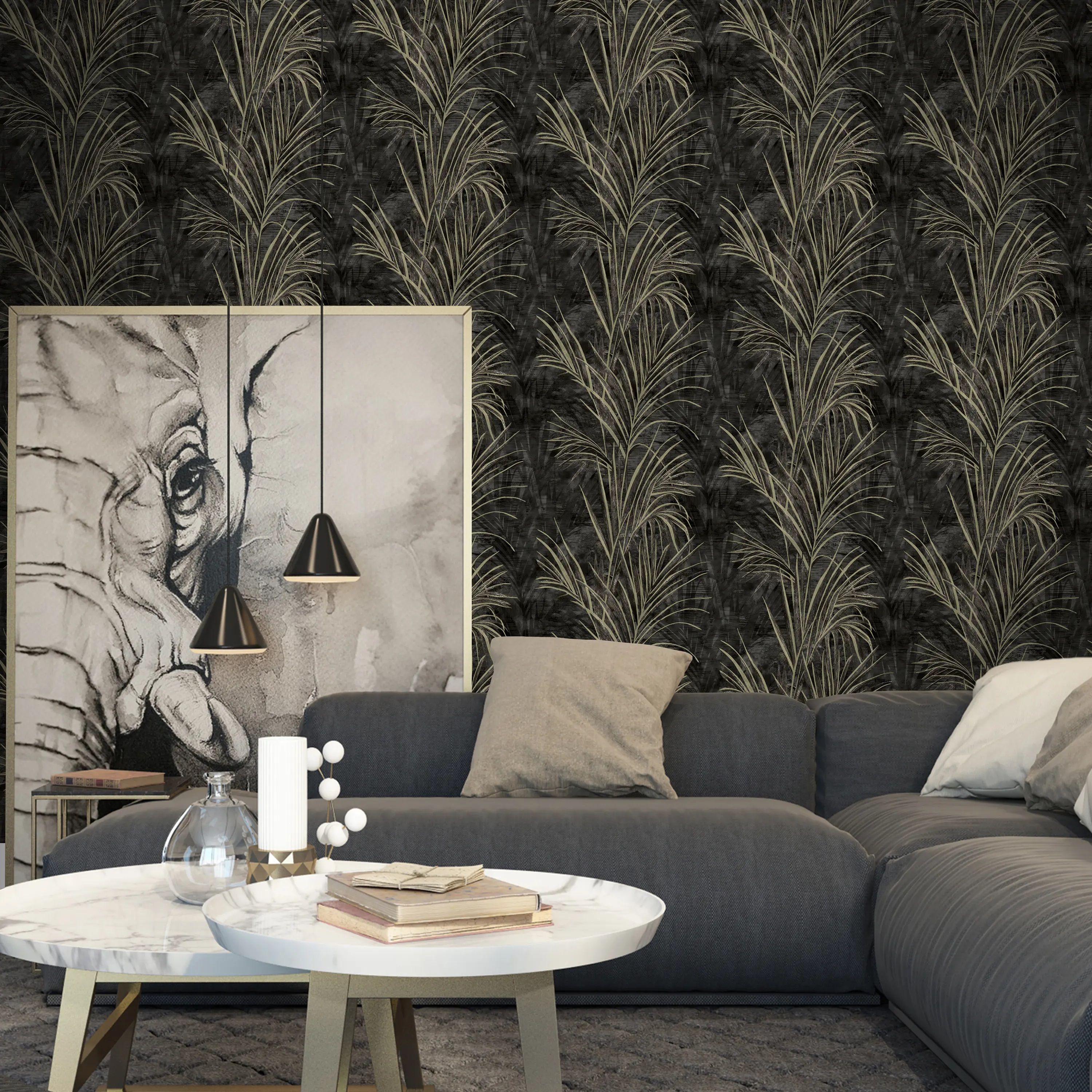 Обои Erismann Tanzania 60491-06 бежевые, черные листья пальмы 1,06х10,05 м