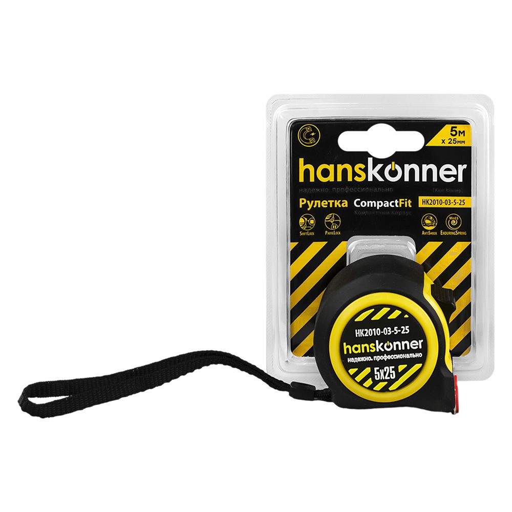 Рулетка 5 м х 25 мм автостоп, магнит Hanskonner