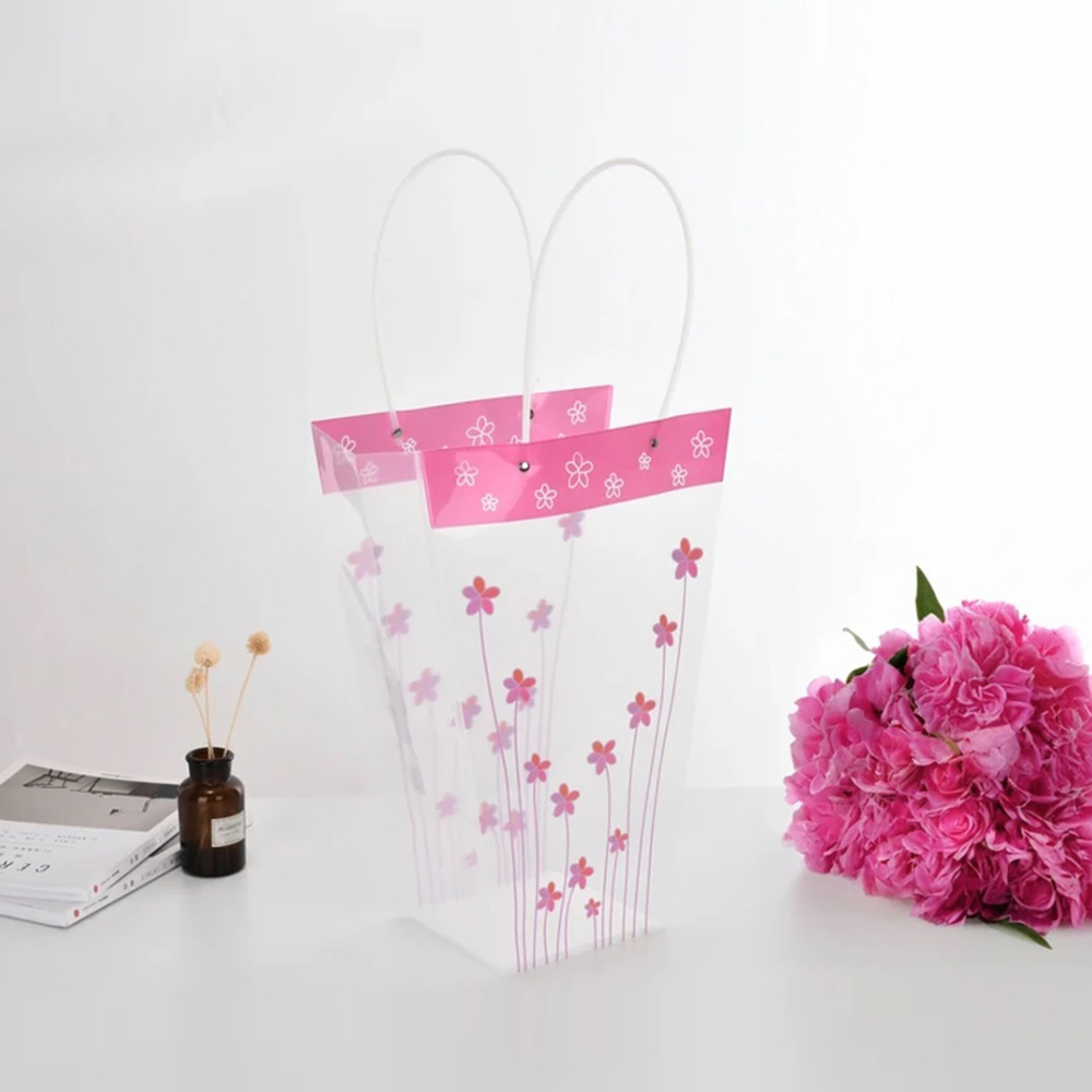 Пакет подарочный для цветов 15х16х29х42 см прозрачный c ярко-розовыми цветочками