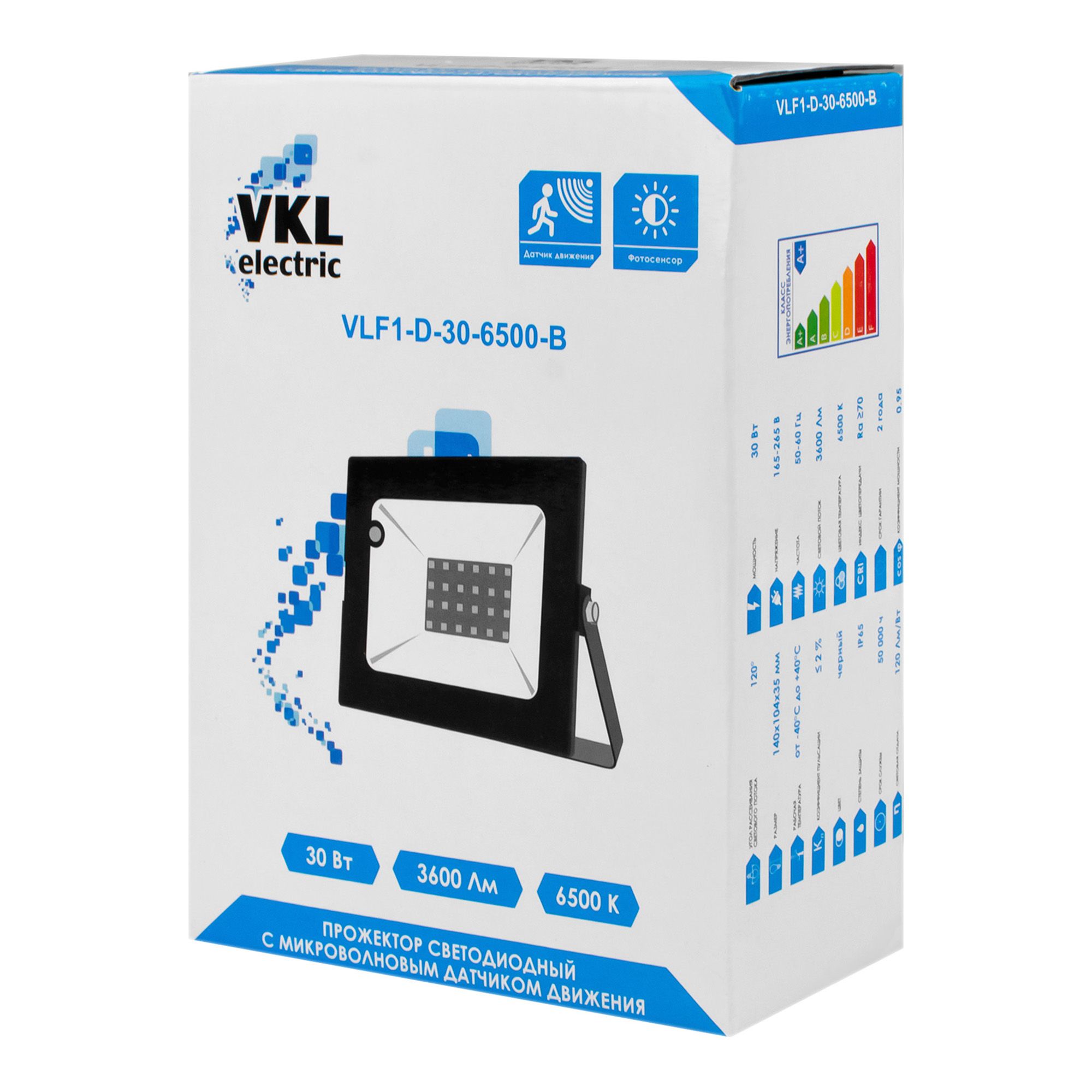 Прожектор LED с датчиком движ.30W VLF1-D-30-6500-B  6500К 2700Лм 220V IP65  угол-120гр черный VKL el