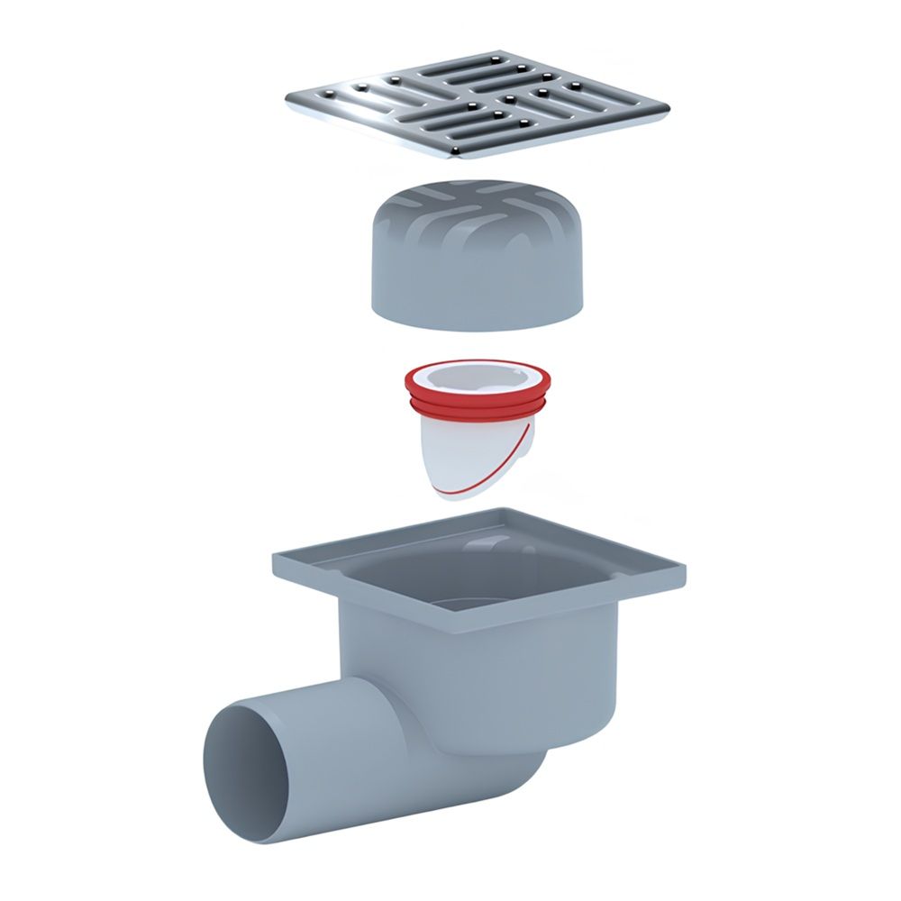 Трап гориз спуск 50 мм сухой затвор решетка 100х100 мм нерж АНИпласт