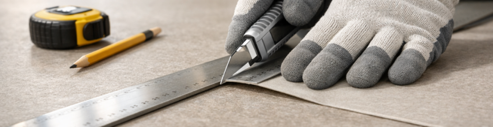 мастер прокатывает прижимным валиком ровный стык двух полотен линолеума в светлом минималистичном интерьере, рядом лежат металлический шпатель и нож со сменными лезвиями