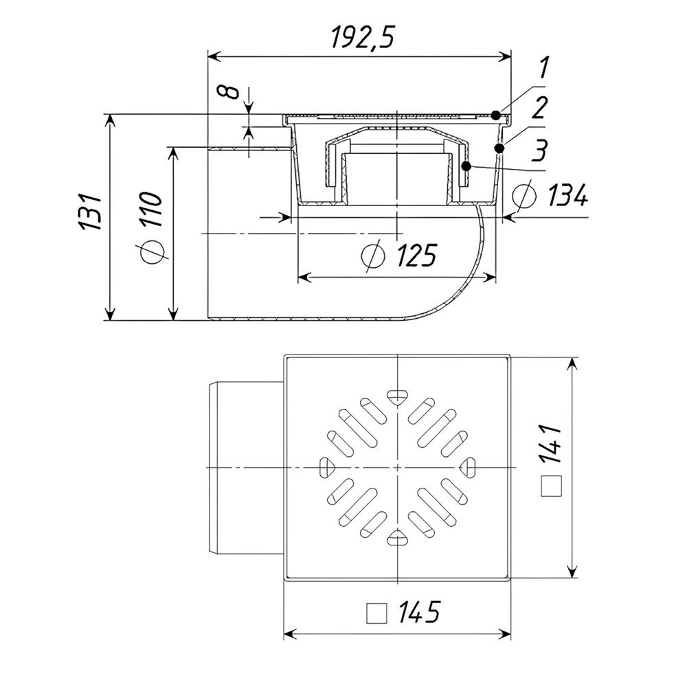 Трап гориз спуск 110 мм решетка 150х150 мм нерж