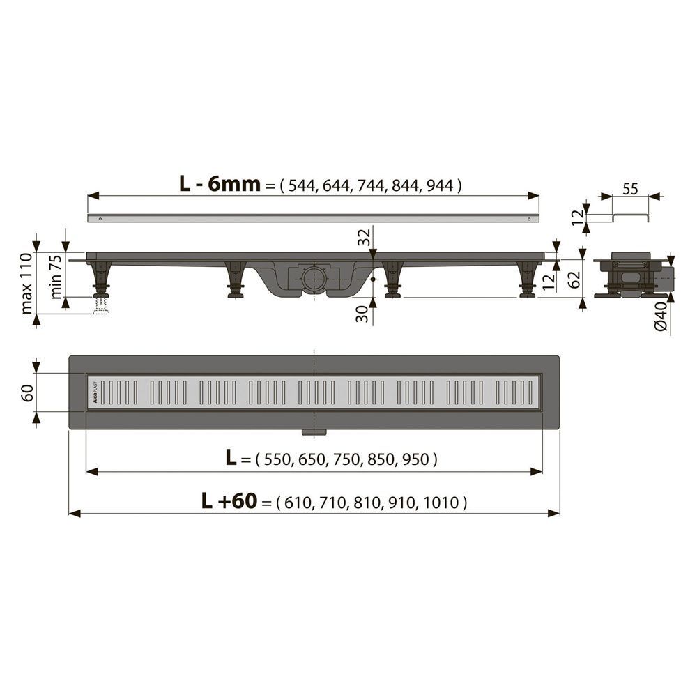 Трап линейный гориз спуск 50 мм 550 мм матовый Alcaplast APZ9-550M