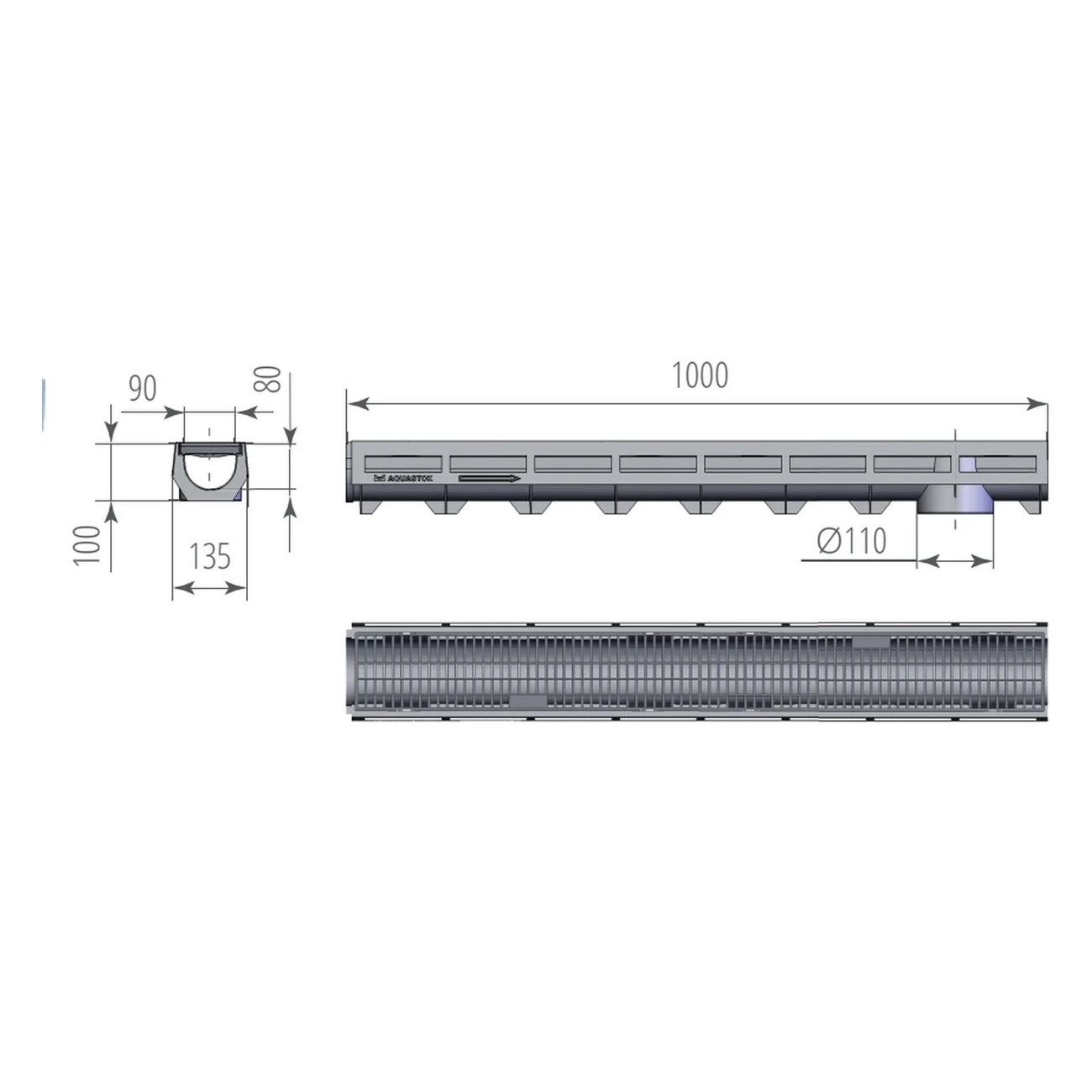 Лоток водоотводный пластиковый с решеткой пластиковой 90 мм 1000х135х100 мм Aqua-top