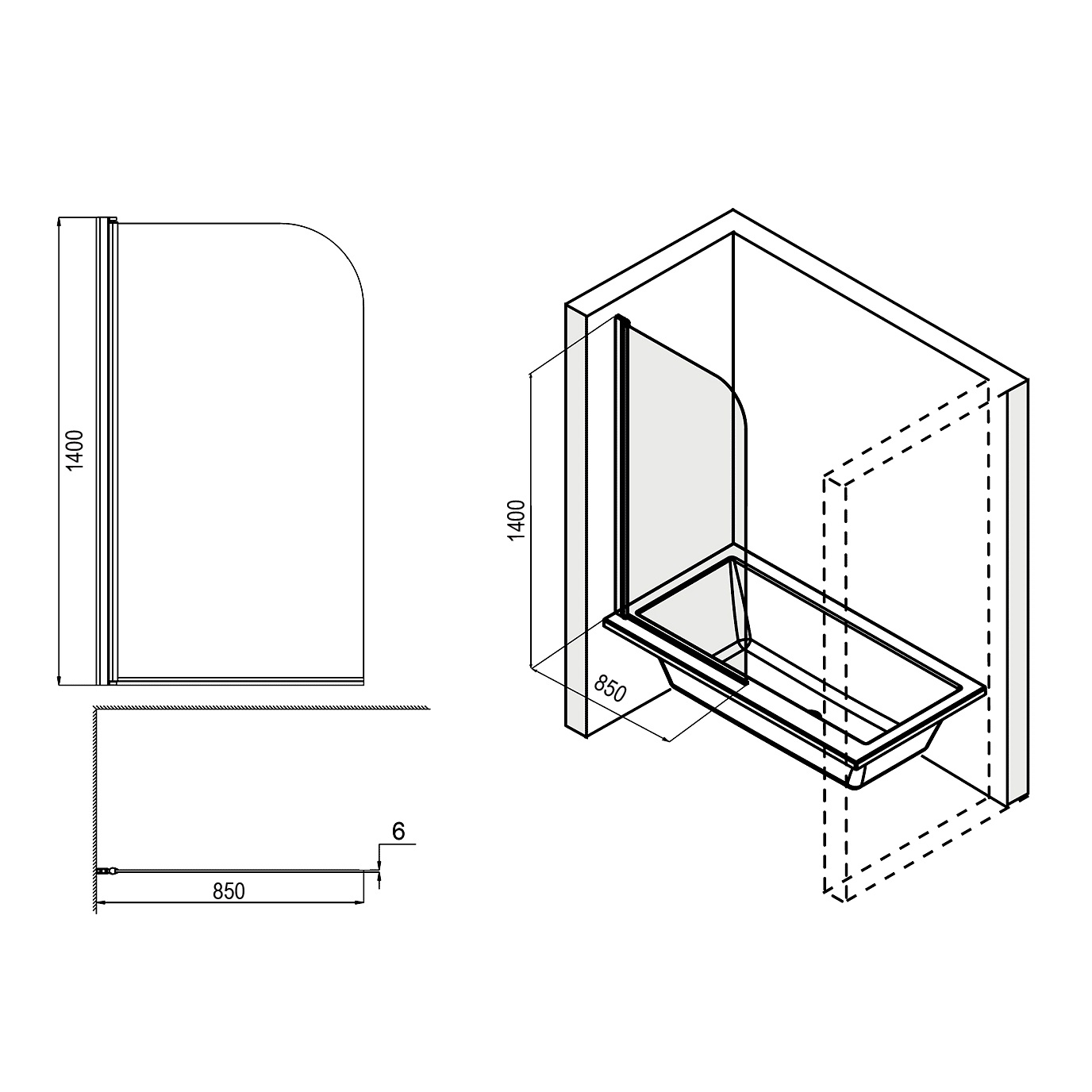 Штора на ванну Loranto CS-L1485 850х1400 мм стекло прозрачное 6 мм, профиль хром