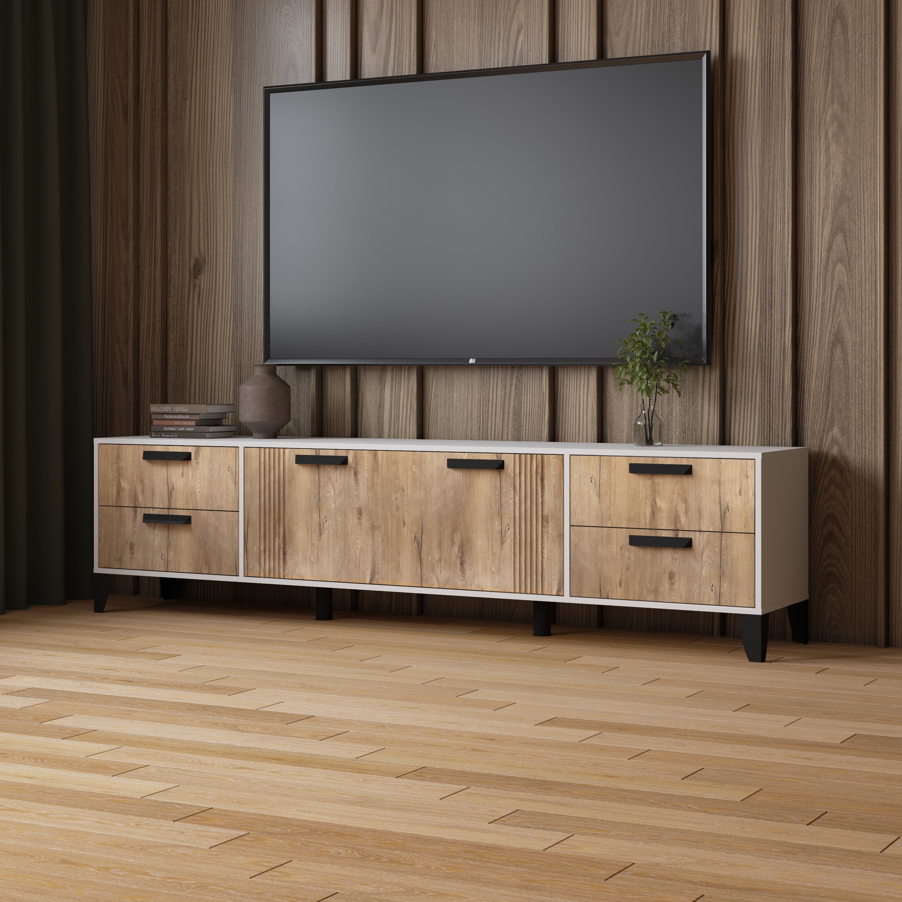 Тумба для телевидеоаппаратуры Парус-12 2202х425х400 мм Белый/Дуб Канадский