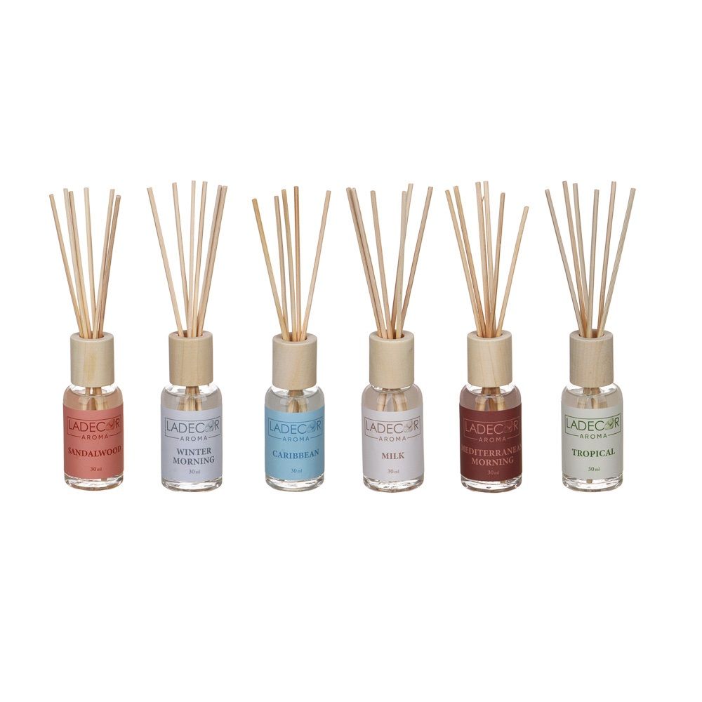 Аромадиффузор с палочками Ladecor Tropical, Sandalwood, Milk, Mediterraneanmorning, Wintermorning, Caribbean 30 мл
